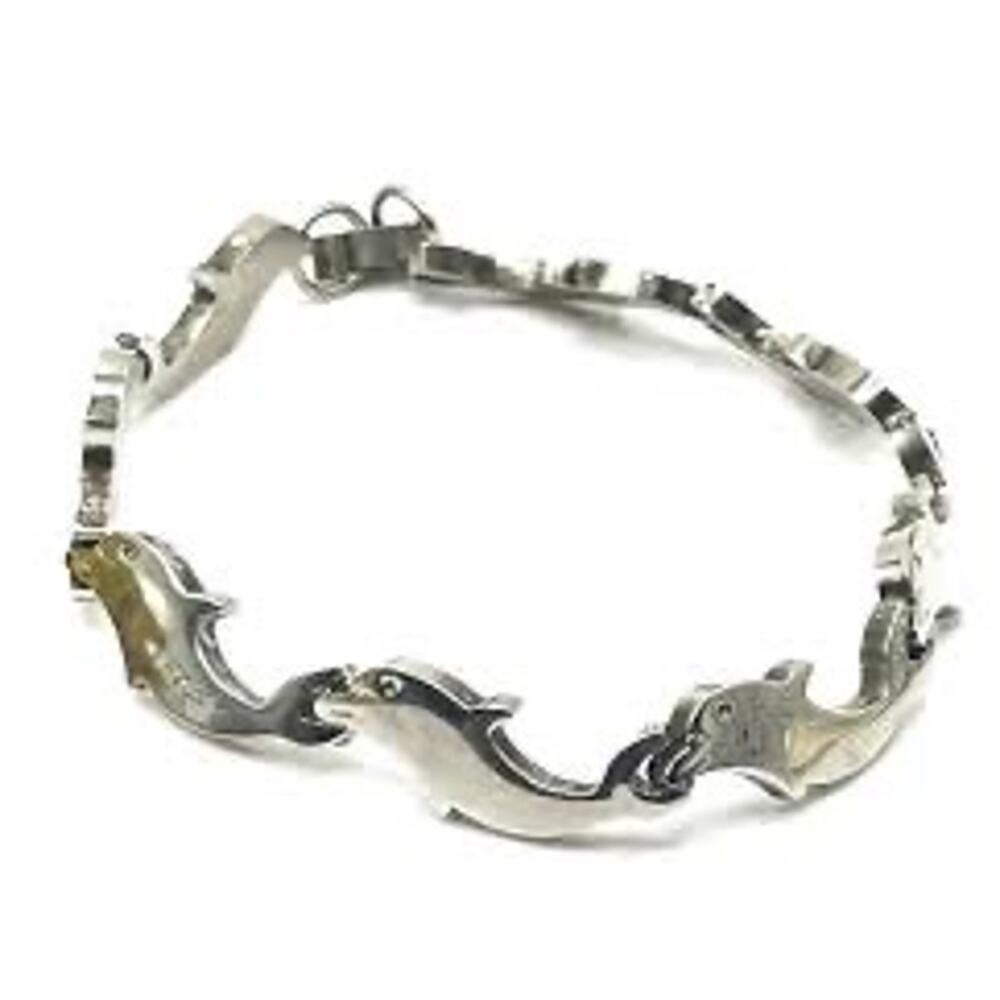Vintage/Retro Sterling Silver Dolphin Chain Bracelet 7.5 Snap Closure 925 Mexico